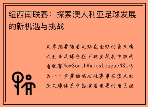 纽西南联赛：探索澳大利亚足球发展的新机遇与挑战