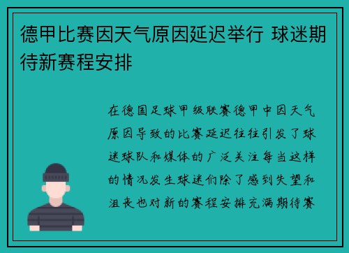 德甲比赛因天气原因延迟举行 球迷期待新赛程安排