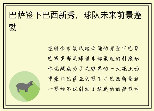 巴萨签下巴西新秀，球队未来前景蓬勃